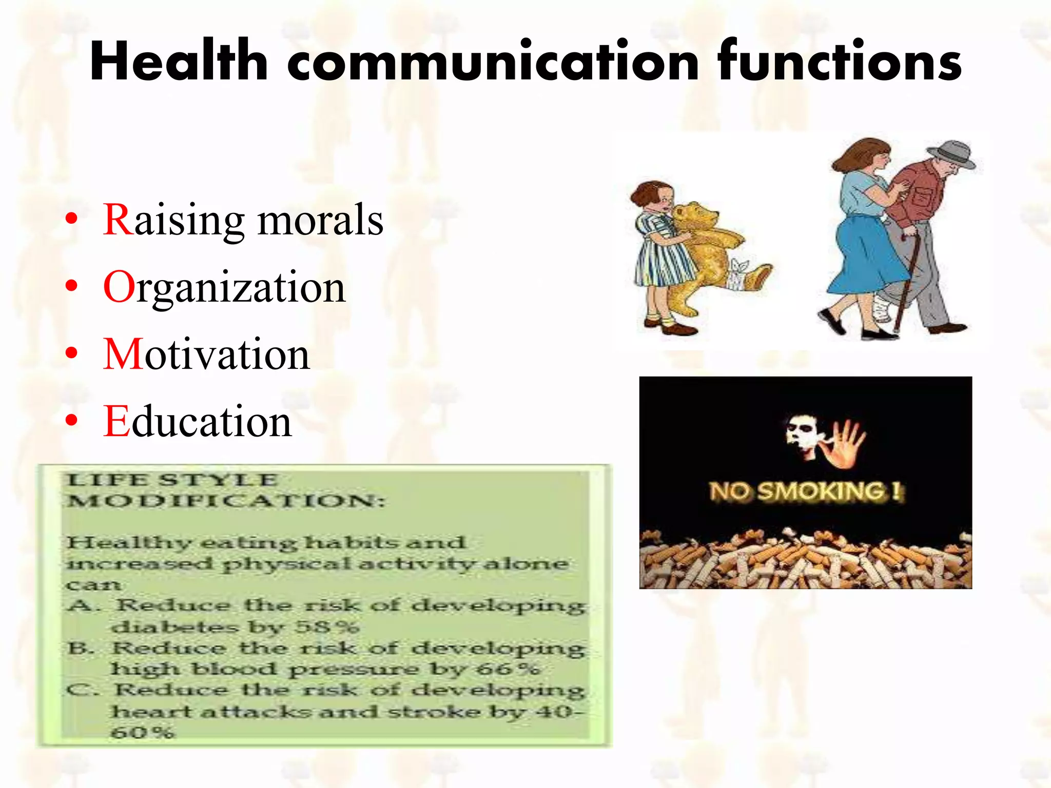 Health communication functions
• Raising morals
• Organization
• Motivation
• Education
 