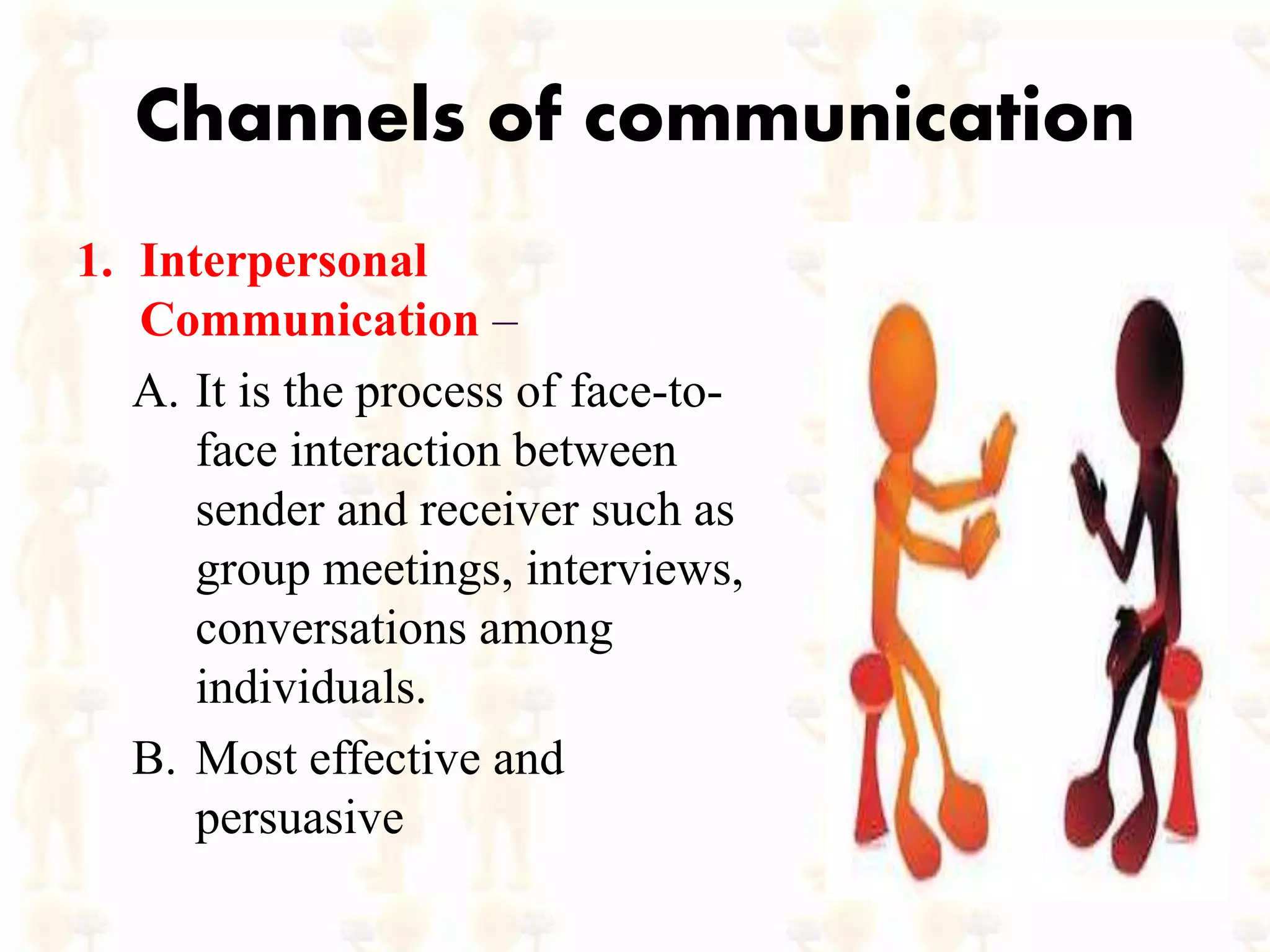 Channels of communication
1. Interpersonal
Communication –
A. It is the process of face-to-
face interaction between
sender and receiver such as
group meetings, interviews,
conversations among
individuals.
B. Most effective and
persuasive
 