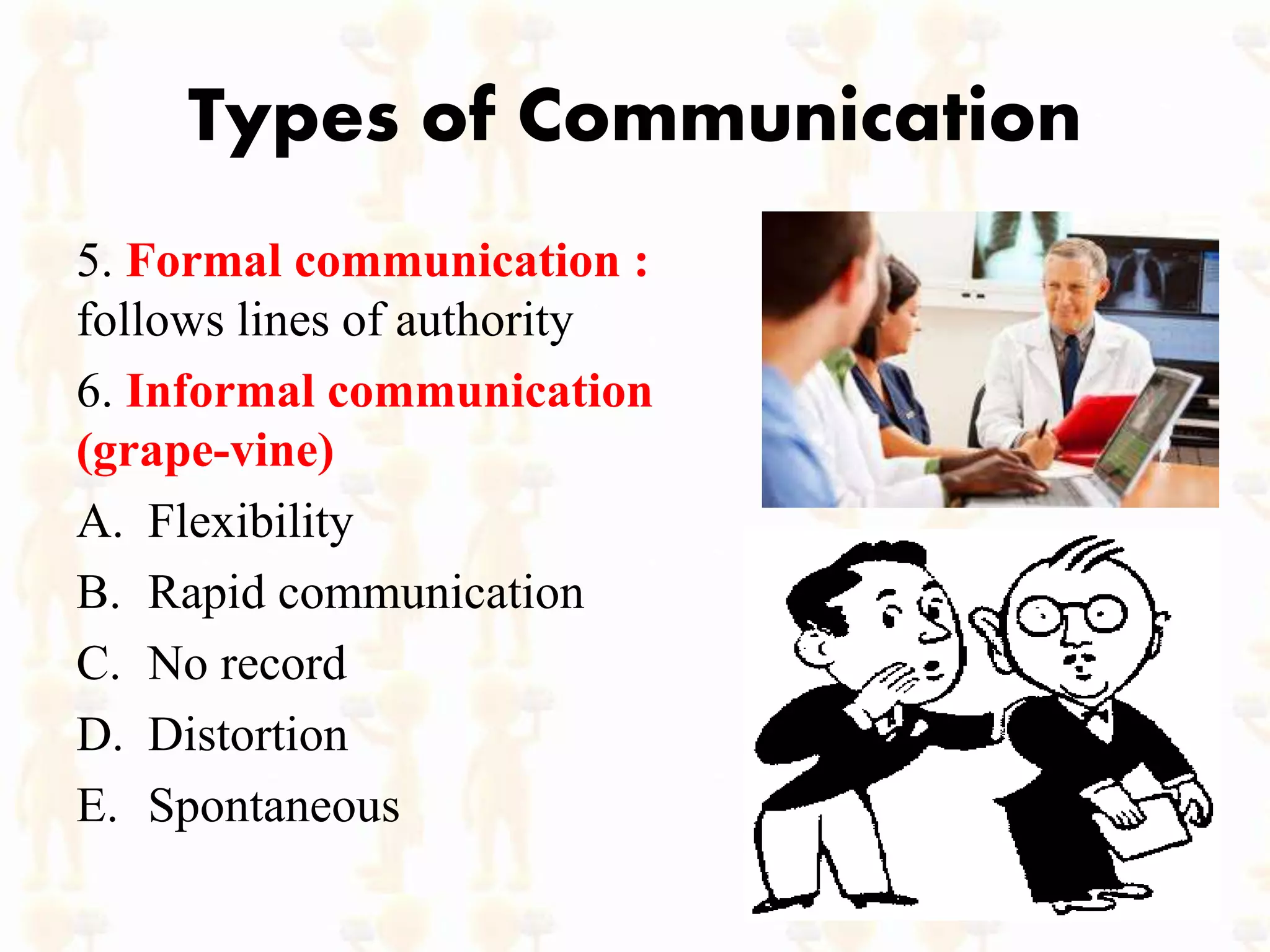 Types of Communication
5. Formal communication :
follows lines of authority
6. Informal communication
(grape-vine)
A. Flexibility
B. Rapid communication
C. No record
D. Distortion
E. Spontaneous
 