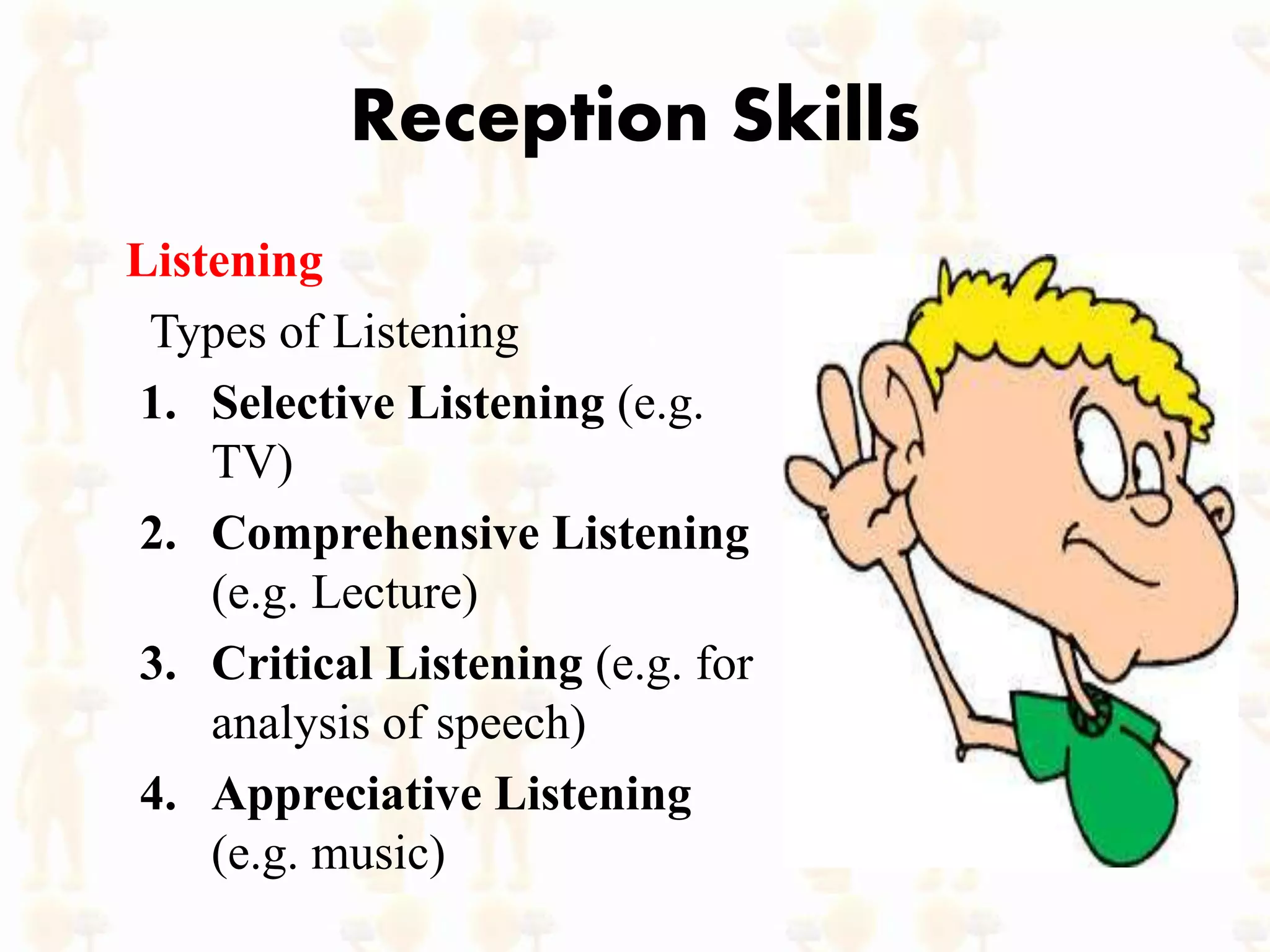 Reception Skills
Listening
Types of Listening
1. Selective Listening (e.g.
TV)
2. Comprehensive Listening
(e.g. Lecture)
3. Critical Listening (e.g. for
analysis of speech)
4. Appreciative Listening
(e.g. music)
 