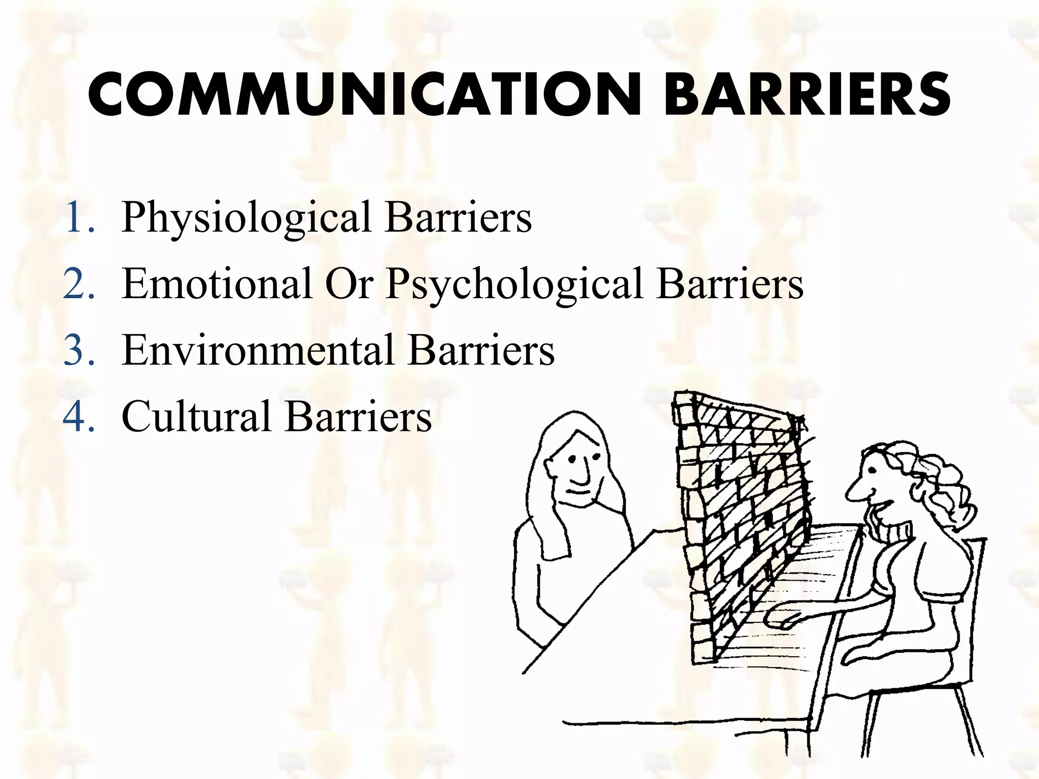 COMMUNICATION BARRIERS
1. Physiological Barriers
2. Emotional Or Psychological Barriers
3. Environmental Barriers
4. Cultural Barriers
 