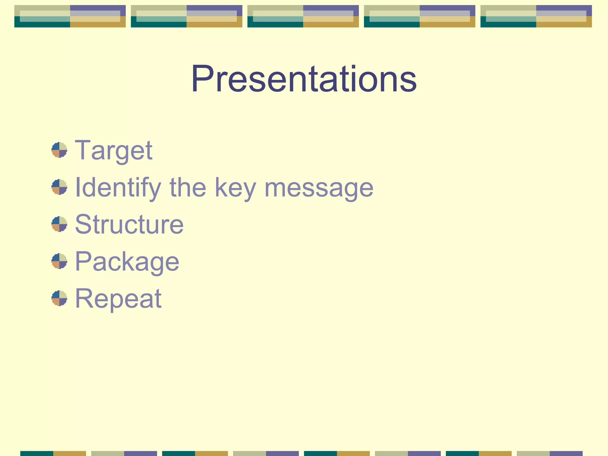 Presentations Target Identify the key message Structure Package Repeat 