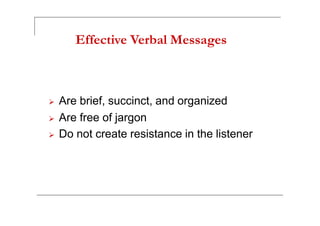 Effective Verbal Messages
Are brief, succinct, and organized
Are free of jargonAre free of jargon
Do not create resistance in the listener
 
