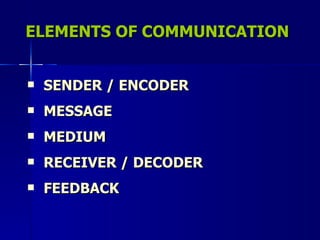 ELEMENTS OF COMMUNICATION SENDER / ENCODER MESSAGE MEDIUM RECEIVER / DECODER FEEDBACK 