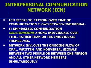 INTERPERSONAL COMMUNICATION NETWORK (ICN) ICN REFERS TO PATTERN OVER TIME OF COMMUNICATION FLOWS BETWEEN INDIVIDUAL.  IT EMPHASIZES COMMUNICATION  RELATIONSHIPS  AMONG INDIVIDUALS OVER TIME, RATHER THAN ON THE INDIVIDUALS THEMSELVES. NETWORK INVLOVES THE ONGOING FLOW OF ORAL, WRITTEN, AND NONVERBAL SIGNALS BETWEEN TWO PEOPLE OR BETWEEN ONE PERSON AND ALL OTHER NETWORK MEMBERS SIMULTANEOUSLY. 