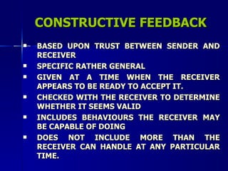 CONSTRUCTIVE FEEDBACK BASED UPON TRUST BETWEEN SENDER AND RECEIVER SPECIFIC RATHER GENERAL GIVEN AT A TIME WHEN THE RECEIVER APPEARS TO BE READY TO ACCEPT IT. CHECKED WITH THE RECEIVER TO DETERMINE WHETHER IT SEEMS VALID INCLUDES BEHAVIOURS THE RECEIVER MAY BE CAPABLE OF DOING DOES NOT INCLUDE MORE THAN THE RECEIVER CAN HANDLE AT ANY PARTICULAR TIME. 