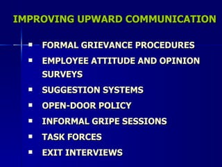 IMPROVING UPWARD COMMUNICATION FORMAL GRIEVANCE PROCEDURES EMPLOYEE ATTITUDE AND OPINION SURVEYS SUGGESTION SYSTEMS OPEN-DOOR POLICY INFORMAL GRIPE SESSIONS TASK FORCES EXIT INTERVIEWS 