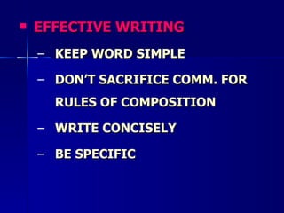 EFFECTIVE WRITING KEEP WORD SIMPLE DON’T SACRIFICE COMM. FOR RULES OF COMPOSITION WRITE CONCISELY BE SPECIFIC 