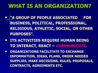 WHAT IS AN ORGANIZATION? “ A GROUP OF PEOPLE ASSOCIATED  FOR BUSINESS, POLITICAL, PROFESSIONAL, RELIGIOUS,  ATHLETIC, SOCIAL, OR OTHER PURPOSES”. ITS ACTIVITIES REQUIRE HUMAN BEING TO INTERACT, REACT –  COMMUNICATE . ORGANIZATIONS FACILITATE TO EXCHANGE INFORMATION, IDEAS, PLANS, ORDER NEEDED SUPPLIES, MAKE DECISIONS, RULES, PROPOSALS, CONTRACTS, AGREEMENTS ETC. 