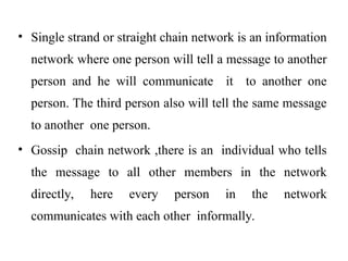 • Single strand or straight chain network is an information
network where one person will tell a message to another
person and he will communicate it to another one
person. The third person also will tell the same message
to another one person.
• Gossip chain network ,there is an individual who tells
the message to all other members in the network
directly, here every person in the network
communicates with each other informally.
 
