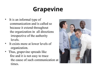 Grapevine
• It is an informal type of
communication and is called so
because it extend throughout
the organization in all directions
irrespective of the authority
levels.
• It exists more at lower levels of
organization.
• Thus, grapevine spreads like
fire and it is not easy to trace
the cause of such communication at
times.
 