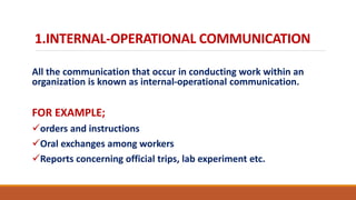 1.INTERNAL-OPERATIONAL COMMUNICATION
All the communication that occur in conducting work within an
organization is known as internal-operational communication.
FOR EXAMPLE;
orders and instructions
Oral exchanges among workers
Reports concerning official trips, lab experiment etc.
 