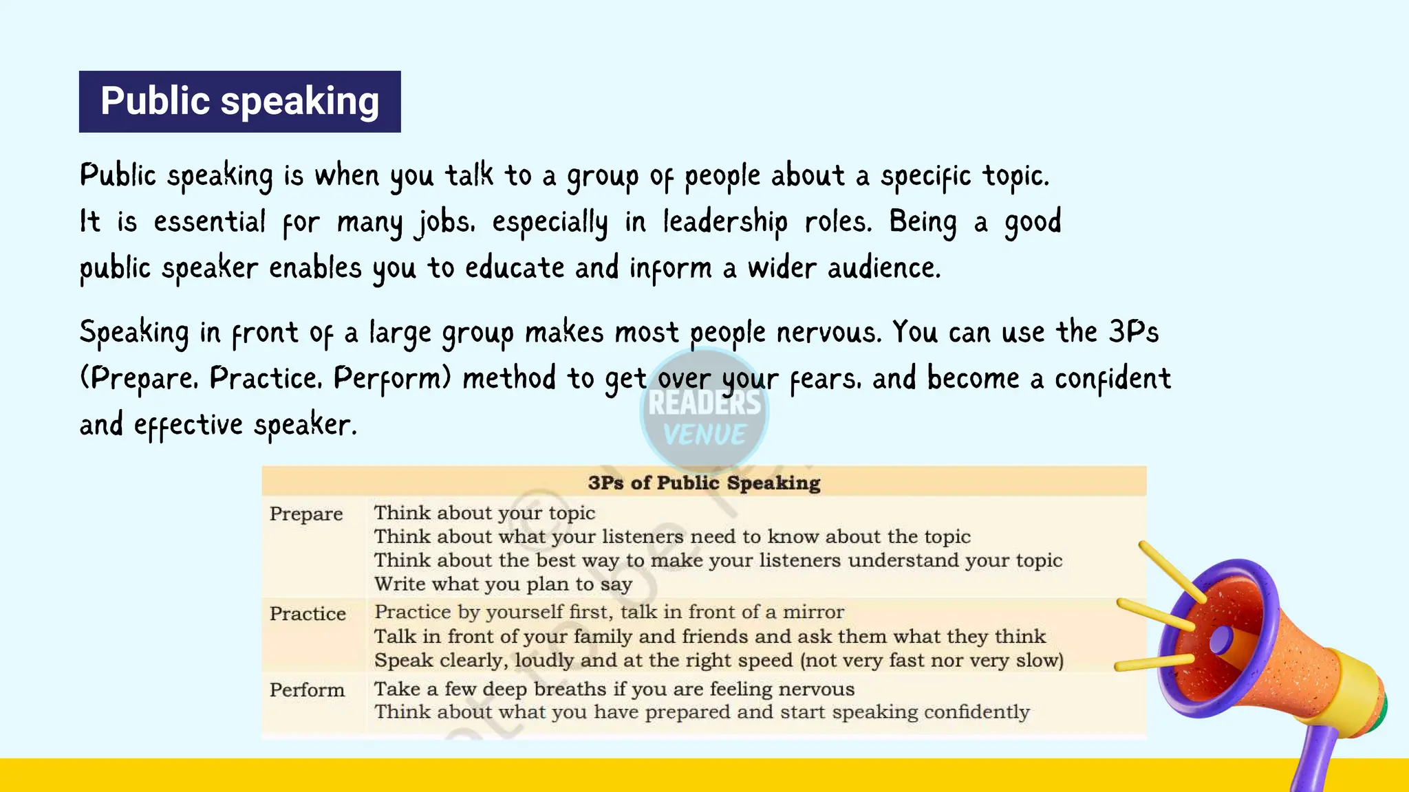 Public speaking
Public speaking is when you talk to a group of people about a specific topic.
It is essential for many jobs, especially in leadership roles. Being a good
public speaker enables you to educate and inform a wider audience.
Speaking in front of a large group makes most people nervous. You can use the 3Ps
(Prepare, Practice, Perform) method to get over your fears, and become a confident
and effective speaker.
 