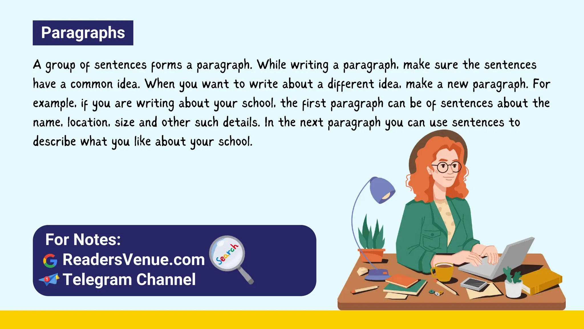 Paragraphs
A group of sentences forms a paragraph. While writing a paragraph, make sure the sentences
have a common idea. When you want to write about a different idea, make a new paragraph. For
example, if you are writing about your school, the first paragraph can be of sentences about the
name, location, size and other such details. In the next paragraph you can use sentences to
describe what you like about your school.
For Notes:
ReadersVenue.com
Telegram Channel
 