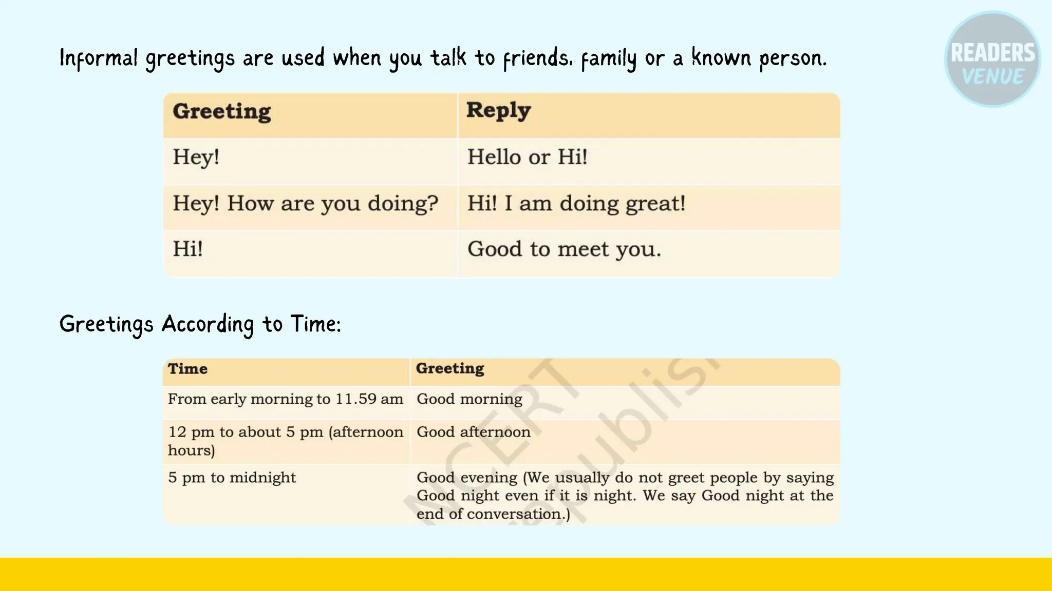 Informal greetings are used when you talk to friends, family or a known person.
Greetings According to Time:
 
