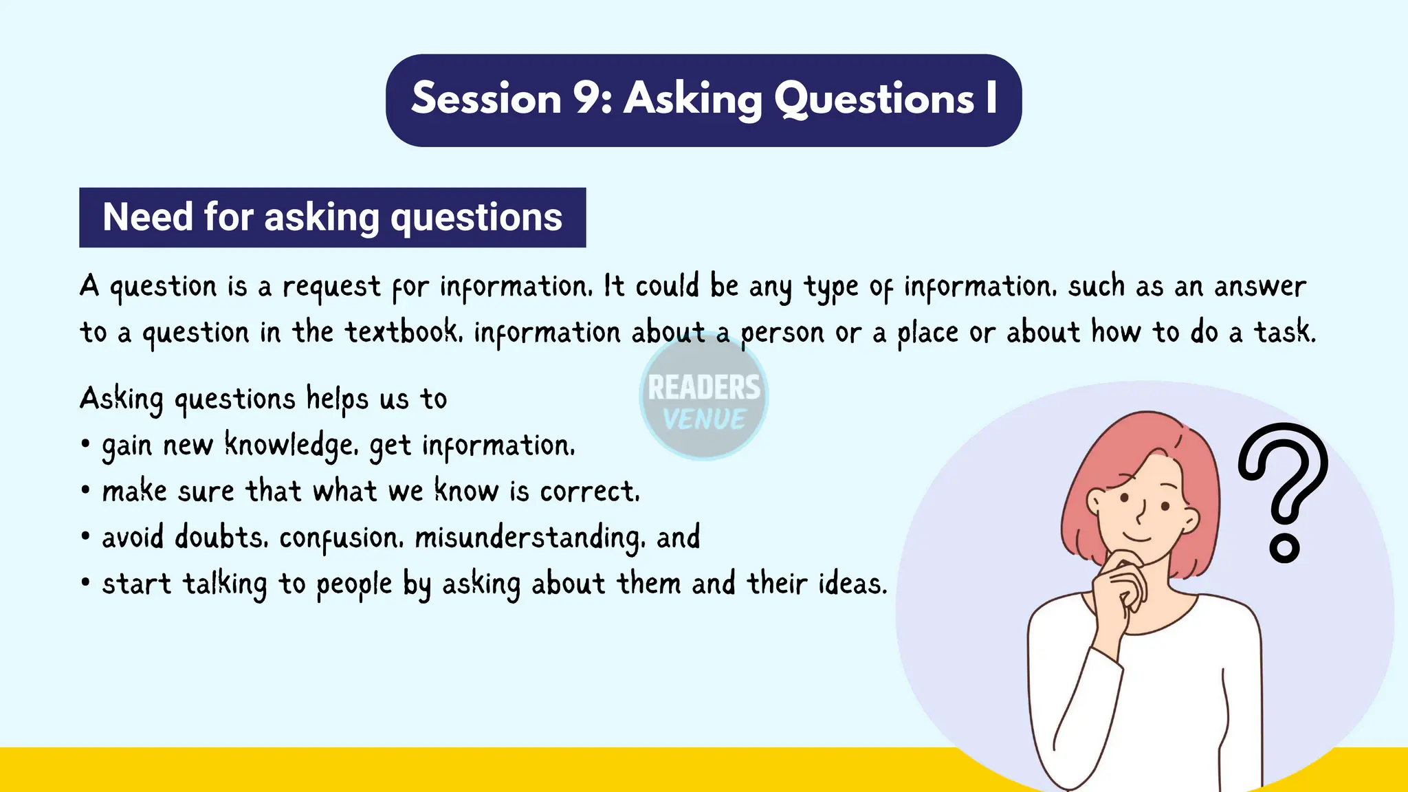 Session 9: Asking Questions I
Need for asking questions
A question is a request for information, It could be any type of information, such as an answer
to a question in the textbook, information about a person or a place or about how to do a task.
Asking questions helps us to
• gain new knowledge, get information,
• make sure that what we know is correct,
• avoid doubts, confusion, misunderstanding, and
• start talking to people by asking about them and their ideas.
 