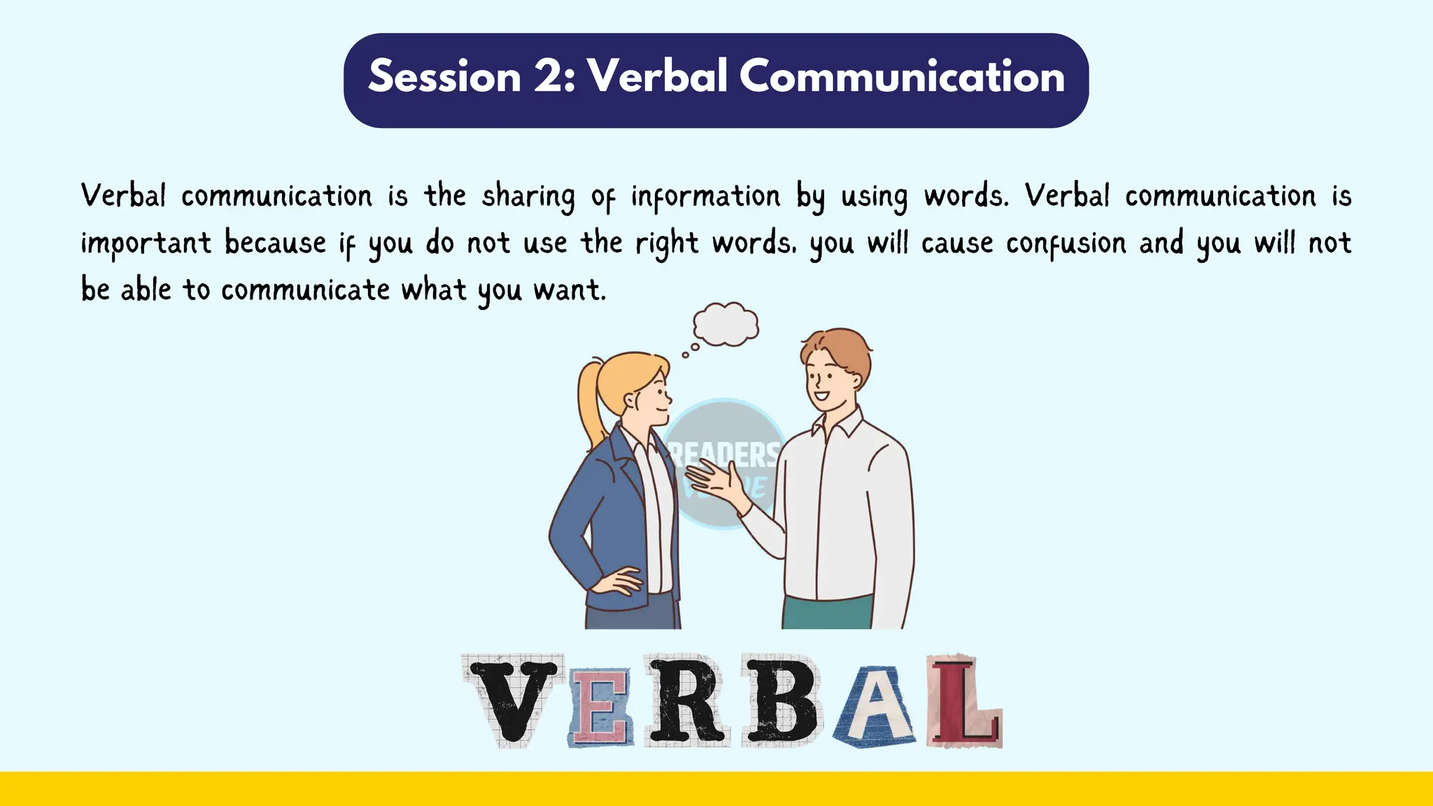 Session 2: Verbal Communication
Verbal communication is the sharing of information by using words. Verbal communication is
important because if you do not use the right words, you will cause confusion and you will not
be able to communicate what you want.
 
