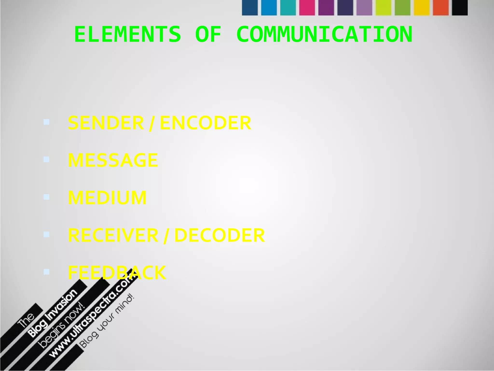 ELEMENTS OF COMMUNICATION SENDER / ENCODER MESSAGE MEDIUM RECEIVER / DECODER FEEDBACK 