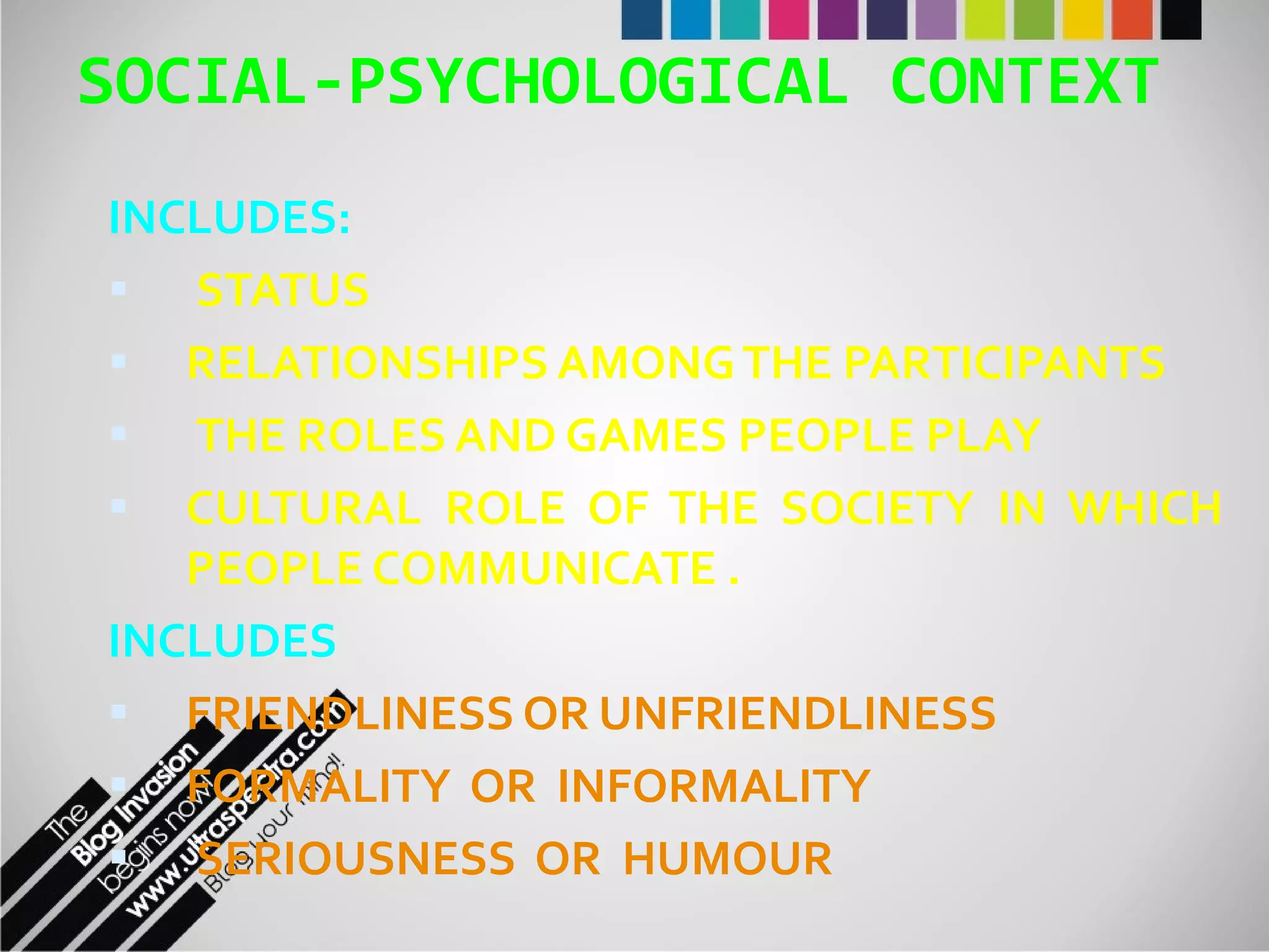 SOCIAL-PSYCHOLOGICAL CONTEXT INCLUDES: STATUS  RELATIONSHIPS AMONG THE PARTICIPANTS THE ROLES AND GAMES PEOPLE PLAY CULTURAL ROLE OF THE SOCIETY IN WHICH PEOPLE COMMUNICATE . INCLUDES  FRIENDLINESS OR UNFRIENDLINESS FORMALITY  OR  INFORMALITY SERIOUSNESS  OR  HUMOUR 