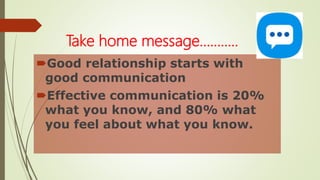 Good relationship starts with
good communication
Effective communication is 20%
what you know, and 80% what
you feel about what you know.
Take home message………..
 