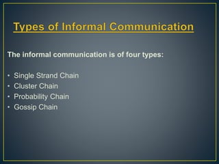 The informal communication is of four types:
• Single Strand Chain
• Cluster Chain
• Probability Chain
• Gossip Chain
 