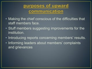 • Making the chief conscious of the difficulties that
staff members face.
• Stuff members suggesting improvements for the
institution.
• Introducing reports concerning members’ results.
• Informing leaders about members’ complaints
and grievances
 