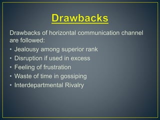 Drawbacks of horizontal communication channel
are followed:
• Jealousy among superior rank
• Disruption if used in excess
• Feeling of frustration
• Waste of time in gossiping
• Interdepartmental Rivalry
 
