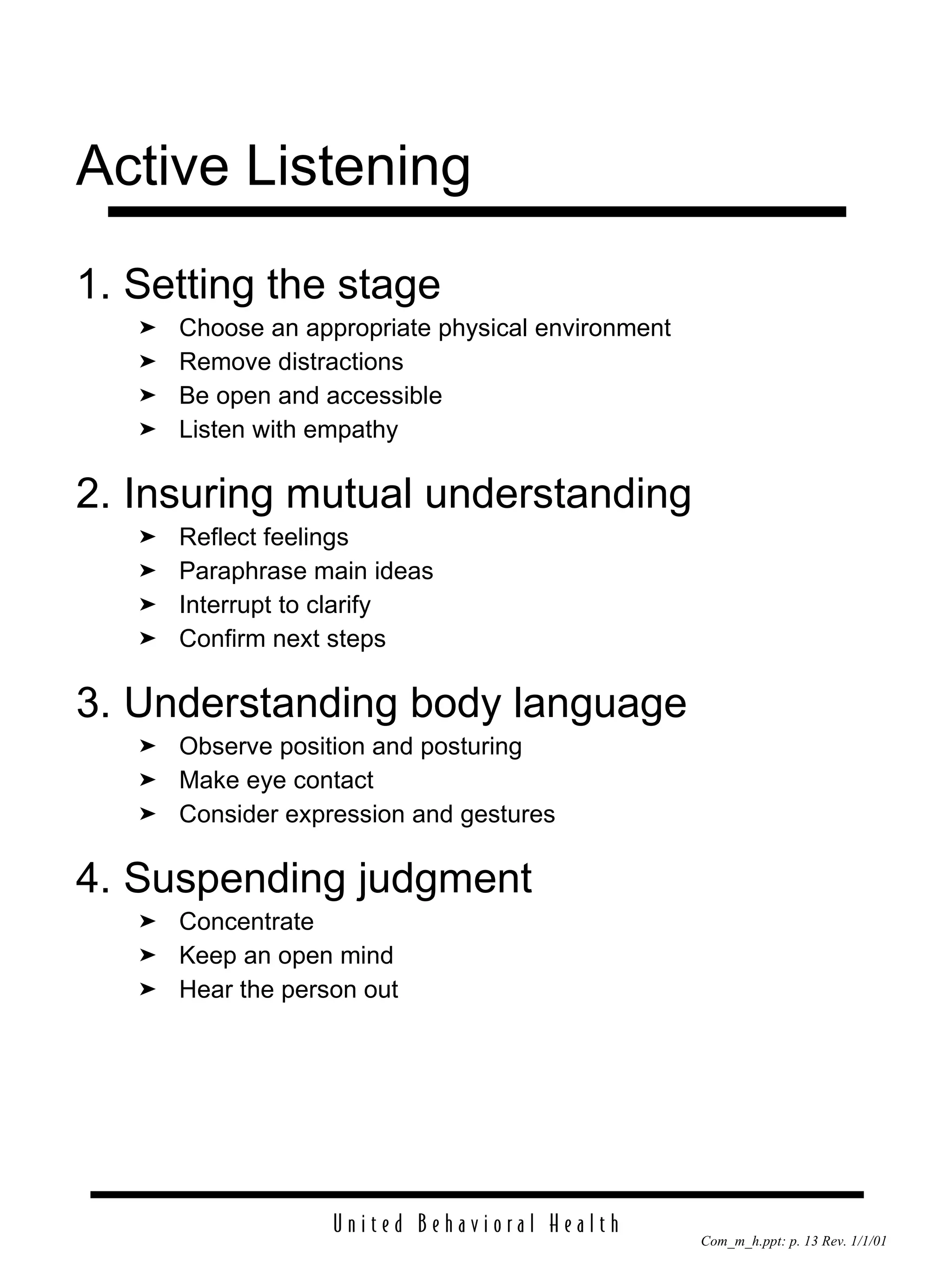 Active Listening 1. Setting the stage Choose an appropriate physical environment Remove distractions Be open and accessible Listen with empathy 2. Insuring mutual understanding Reflect feelings Paraphrase main ideas Interrupt to clarify Confirm next steps 3. Understanding body language Observe position and posturing Make eye contact Consider expression and gestures 4. Suspending judgment Concentrate Keep an open mind Hear the person out 