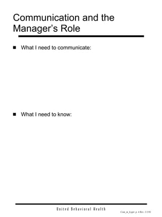Communication and the Manager’s Role What I need to communicate: What I need to know: 