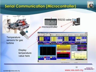Serial Communication (Microcontroller)


                                                    RS232 cable


                                  microcontroller



    Temperature
    sensors for gas
    turbine

                    Display
                    temperature
                    value here



                                                                  18
suhailan@unisza.edu.my                                   www.vss.com.my
 