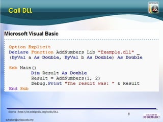 Call DLL




  Source : http://en.wikipedia.org/wiki/DLL
                                              8
suhailan@unisza.edu.my
 
