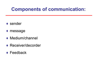 Components of communication:
♦ sender
♦ message
♦ Medium/channel
♦ Receiver/decorder
♦ Feedback
 