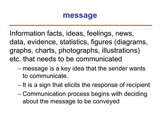message
Information facts, ideas, feelings, news,
data, evidence, statistics, figures (diagrams,
graphs, charts, photographs, illustrations)
etc. that needs to be communicated
– message is a key idea that the sender wants
to communicate.
– It is a sign that elicits the response of recipient
– Communication process begins with deciding
about the message to be conveyed
 