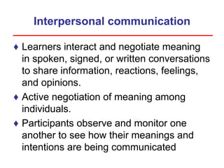 Interpersonal communication
♦ Learners interact and negotiate meaning
in spoken, signed, or written conversations
to share information, reactions, feelings,
and opinions.
♦ Active negotiation of meaning among
individuals.
♦ Participants observe and monitor one
another to see how their meanings and
intentions are being communicated
 