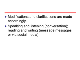 ♦ Modifications and clarifications are made
accordingly.
♦ Speaking and listening (conversation);
reading and writing (message messages
or via social media)
 