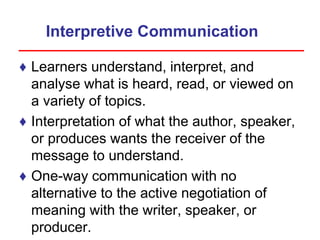 Interpretive Communication
♦ Learners understand, interpret, and
analyse what is heard, read, or viewed on
a variety of topics.
♦ Interpretation of what the author, speaker,
or produces wants the receiver of the
message to understand.
♦ One-way communication with no
alternative to the active negotiation of
meaning with the writer, speaker, or
producer.
 