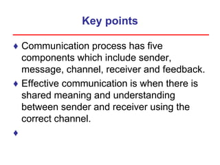 Key points
♦ Communication process has five
components which include sender,
message, channel, receiver and feedback.
♦ Effective communication is when there is
shared meaning and understanding
between sender and receiver using the
correct channel.
♦
 