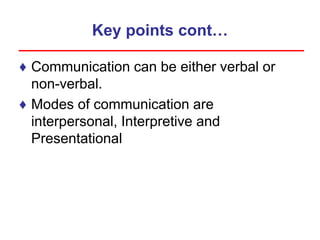 Key points cont…
♦ Communication can be either verbal or
non-verbal.
♦ Modes of communication are
interpersonal, Interpretive and
Presentational
 