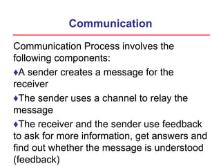 Communication
Communication Process involves the
following components:
♦A sender creates a message for the
receiver
♦The sender uses a channel to relay the
message
♦The receiver and the sender use feedback
to ask for more information, get answers and
find out whether the message is understood
(feedback)
 