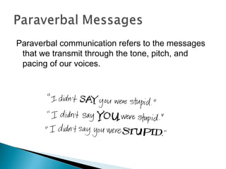 Paraverbal communication refers to the messages 
that we transmit through the tone, pitch, and 
pacing of our voices. 
 