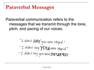 Paraverbal Messages <ul><li>Paraverbal communication refers to the messages that we transmit through the tone, pitch, and ...