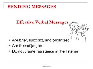 Effective Verbal Messages   Are brief, succinct, and organized Are free of jargon Do not create resistance in the listener  SENDING MESSAGES 