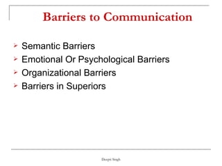 Barriers to Communication Semantic Barriers Emotional Or Psychological Barriers  Organizational Barriers Barriers in Superiors  