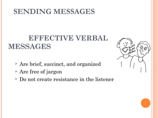 EFFECTIVE VERBAL
MESSAGES
 Are brief, succinct, and organized
 Are free of jargon
 Do not create resistance in the listener
SENDING MESSAGES
 