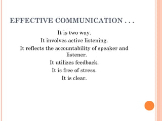 EFFECTIVE COMMUNICATION . . .
It is two way.
It involves active listening.
It reflects the accountability of speaker and
listener.
It utilizes feedback.
It is free of stress.
It is clear.
 
