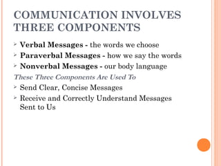 COMMUNICATION INVOLVES
THREE COMPONENTS
 Verbal Messages - the words we choose
 Paraverbal Messages - how we say the words
 Nonverbal Messages - our body language
These Three Components Are Used To
 Send Clear, Concise Messages
 Receive and Correctly Understand Messages
Sent to Us
 