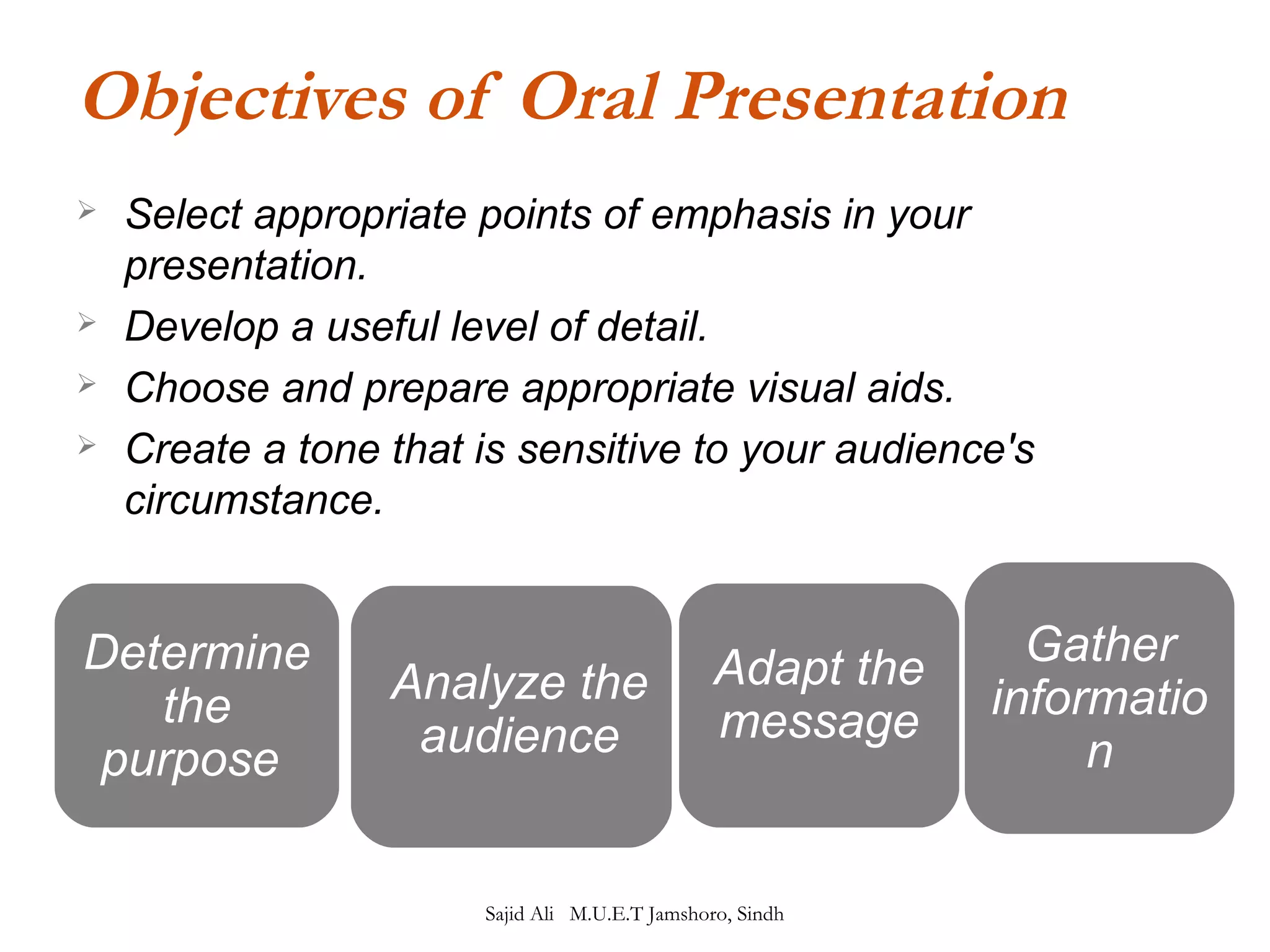 Objectives of Oral Presentation 
 Select appropriate points of emphasis in your 
presentation. 
 Develop a useful level of detail. 
 Choose and prepare appropriate visual aids. 
 Create a tone that is sensitive to your audience's 
circumstance. 
e 
message 
Determine 
the 
purpose 
Analyze the 
audience 
Gather 
informatio 
n 
Adapt the 
message 
Sajid Ali M.U.E.T Jamshoro, Sindh 
 