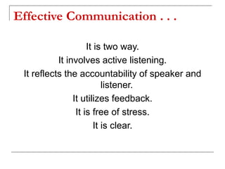 Effective Communication . . .
It is two way.
It involves active listening.
It reflects the accountability of speaker and
listener.
It utilizes feedback.
It is free of stress.
It is clear.
 
