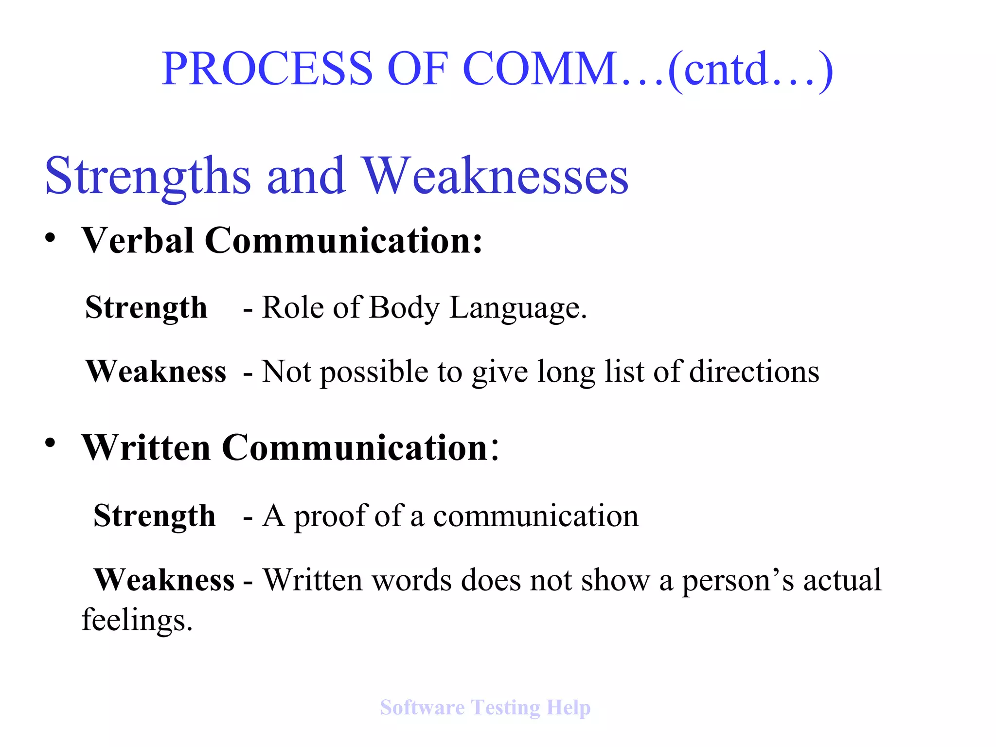 Strengths and Weaknesses
• Verbal Communication:
Strength - Role of Body Language.
Weakness - Not possible to give long list of directions
• Written Communication:
Strength - A proof of a communication
Weakness - Written words does not show a person’s actual
feelings.
PROCESS OF COMM…(cntd…)
Software Testing Help
 