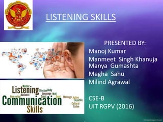 LISTENING SKILLS
PRESENTED BY:
Manoj Kumar
Manmeet Singh Khanuja
Manya Gumashta
Megha Sahu
Milind Agrawal
CSE-B
UIT RGPV (2016)
 